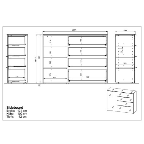 GERMANIA Dressoir OAKLAND in 2 breedten, fronten en bovenblad met glas-inlay afbeelding2 - 1