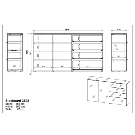 GERMANIA Dressoir OAKLAND in 2 breedten, fronten en bovenblad met glas-inlay afbeelding2 - 1