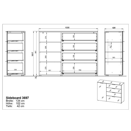 GERMANIA Dressoir OAKLAND in 2 breedten, fronten en bovenblad met glas-inlay afbeelding2 - 1