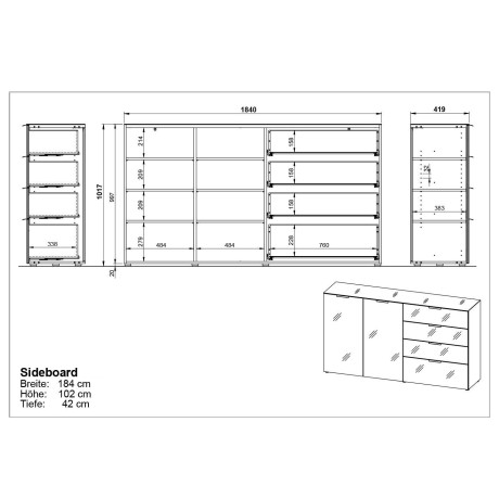 GERMANIA Dressoir OAKLAND in 2 breedten, fronten en bovenblad met glas-inlay afbeelding2 - 1