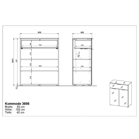 GERMANIA Kast met laden en deuren OAKLAND Breedte 83 cm , fronten en bovenblad met glas-inlay afbeelding2 - 1