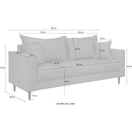 Home affaire 2-zitsbank VEYRAS hoog zitcomfort, incl. sierkussens met bies, b/d/h: 162/84/76 cm afbeelding2 - 1