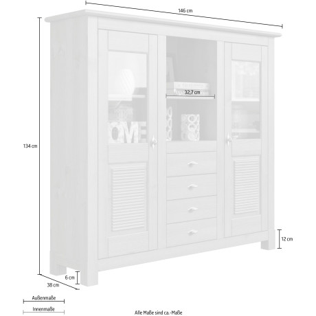 Home affaire Buffetkast Rauna Highboard, massief grenen, deuren met glazen inzetstukken, B/H 146/134 cm afbeelding2 - 1