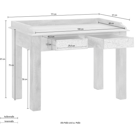 Home affaire Bureau Lavin Mangohout, met decoratief houtsnijwerk, met de hand gemaakt, breedte 111 cm afbeelding2 - 1