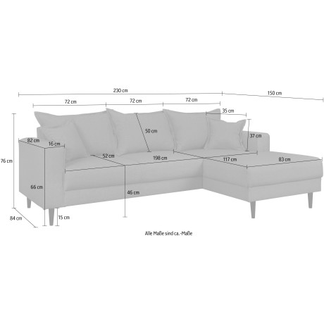 Home affaire Hoekbank VEYRAS L-vorm hoog zitcomfort, incl. 2 sierkussens met bies, b/d/h: 230/150/76 cm afbeelding2 - 1