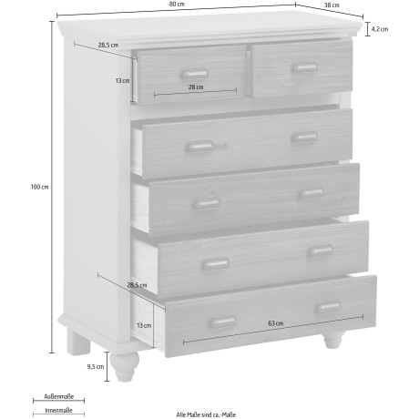 Home affaire Kast Borey 2 kleine en 4 grote laden, massief hout, hoogte 100 cm, breedte 80 cm (1 stuk) afbeelding2 - 1