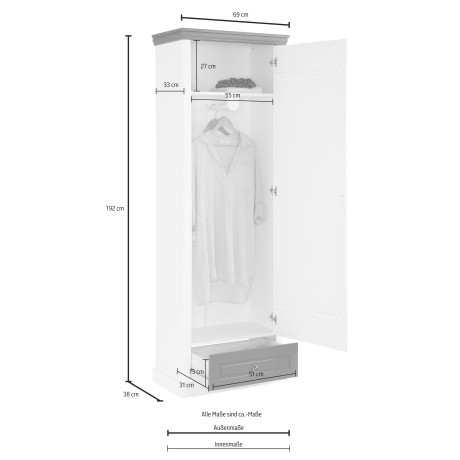 Home affaire Kledingkast Basilico van massieve dennen, fsc, breedte 67 cm, met kledingstang afbeelding2 - 1