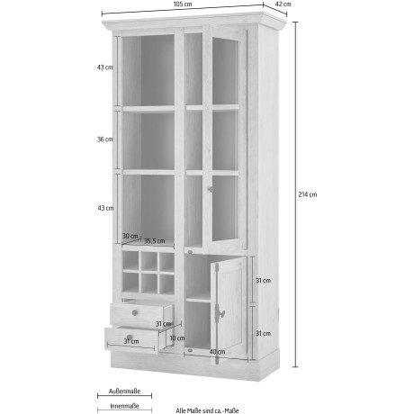 Home affaire Vitrinekast Cornwall, hoge kast in landelijke stijl, glasvitrine, eiken decor Metalen handgrepen, 105 cm breed, veel opbergruimte, in twee maten beschikbaar (1 stuk) afbeelding2 - 1