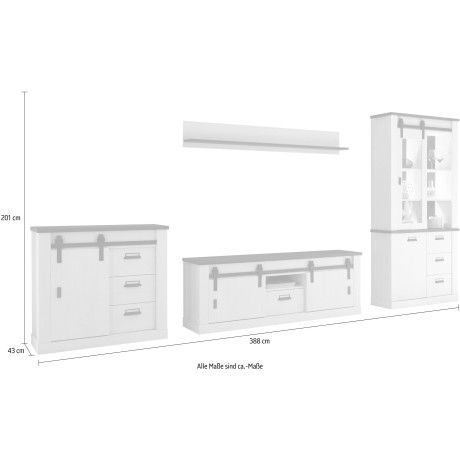 Home affaire Wandmeubel Sherwood met schuurdeurbeslag, apothekersgrepen van metaal, breedte ca. 388 cm (4-delig) afbeelding2 - 1