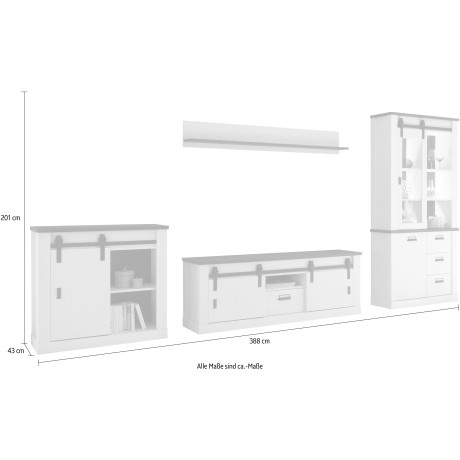 Home affaire Wandmeubel Sherwood met schuurdeurbeslag, apothekersgrepen van metaal, breedte ca. 388 cm (4-delig) afbeelding2 - 1