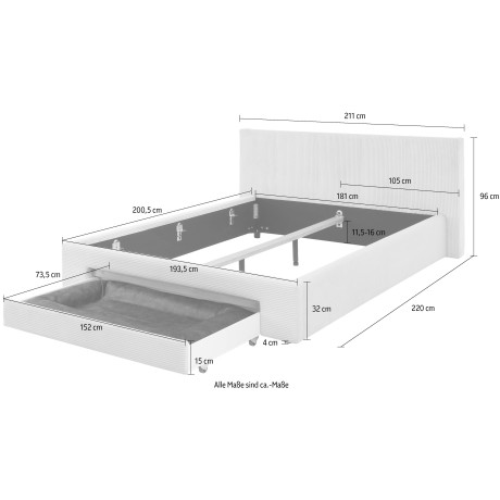 INOSIGN Gestoffeerd bed CiTY/GiRON, bedframe met bedlade, gestoffeerd opbergbed met hondenbed of opberglade, bekleding van corduroy of linnenlook afbeelding2 - 1