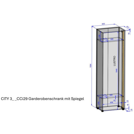 INOSIGN Kledingkast GIRON/ CiTY, Kast in Wotan Eik, Kledingkast met opbergruimte Spiegeldoor, telescopische uitschuif, deur aan beide zijden te monteren, 60 cm breed afbeelding2 - 1