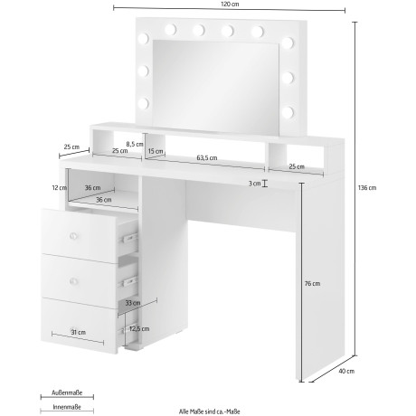 INOSIGN Make-uptafel Diva Kaptafel spiegel met LED-verlichting 3 laden afbeelding2 - 1