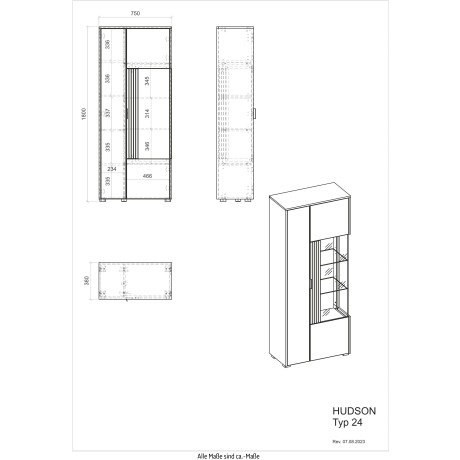 INOSIGN Vitrinekast Hudson in moderne trendkleur, handgrepen van metaal (zwart), hoogte 125 cm afbeelding2 - 1