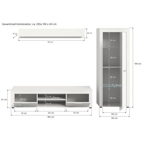 INOSIGN Woonkamerset Aosta, Breedte 235cm, bestaand uit Lowboard, Wandplank, Vitrine Woonwand, combinatie, opbouwwand, meubelset, kastwand, meubelcombi afbeelding2 - 1