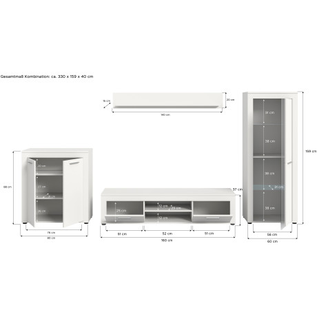 INOSIGN Woonkamerset Aosta, Breedte 330cm, bestaand uit Highboard, Lowboard, Wandplank, Vitrine afbeelding2 - 1