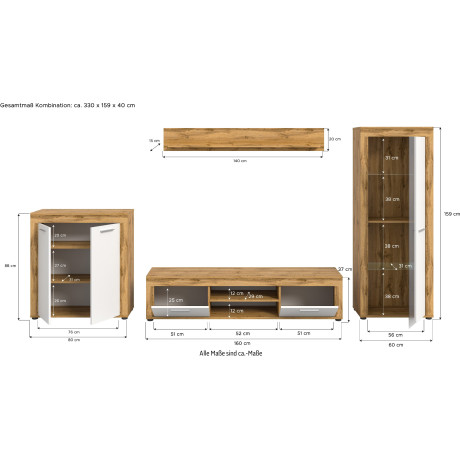 INOSIGN Woonkamerset Aosta, Breedte 330cm, bestaand uit Highboard, Lowboard, Wandplank, Vitrine afbeelding2 - 1