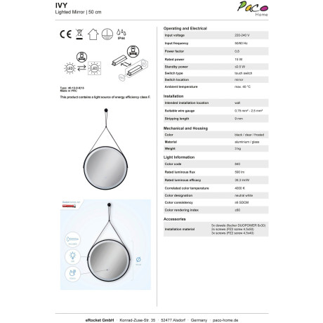 Paco Home Wandlamp Ivy LED backlight rond 50cm IP44 touch kunstleer ophang afbeelding2 - 1