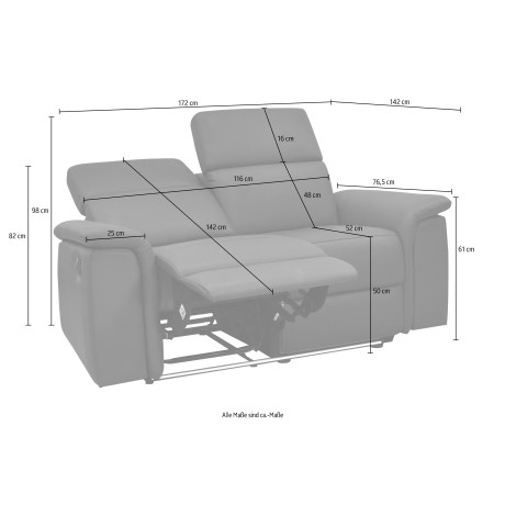 Places of Style 2-zitsbank Pareli 172 cm, handmatige en elektrische relaxfunctie USB, hoofdsteunverstelling, LED, in echt leer, kunstleer, web afbeelding2 - 1