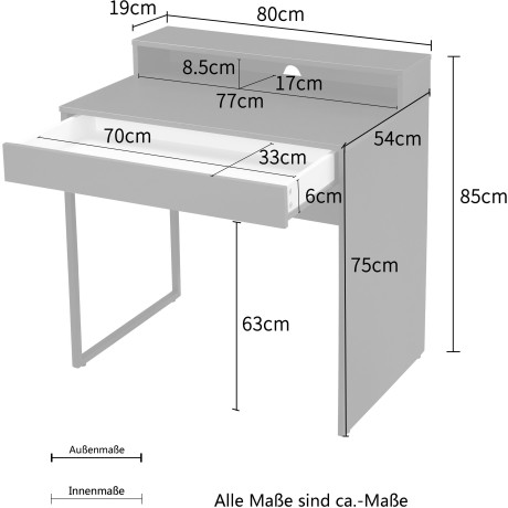 Places of Style Bureau Moid, computertafel in modern design Breedte 80 cm, met lade, kabeldoorvoer & metalen voet afbeelding2 - 1