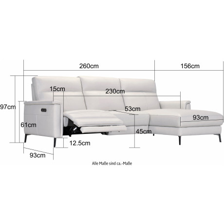 Places of Style Hoekbank Barano, L-model, 260 cm, van leer en weefstof, elektrische relaxfunctie, verstelbare hoofdsteun, met usb-aansluiting. afbeelding2 - 1