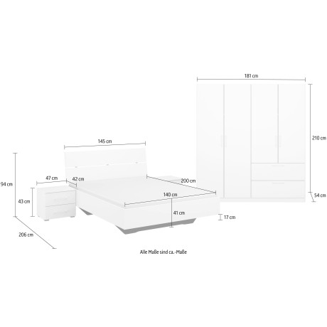 Slaapkamerserie Compleet slaapkamer Challenger (Set van 4 delen) Kast 2 breedtes, bed 3 breedtes, 2 nachttafels MADE IN GERMANY afbeelding2 - 1