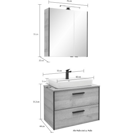 Saphir Badkamerserie Quickset 395 2-delig, keramieken opzetwasbak met led-spiegelkast Wastafelmeubel 73 cm breed, 2 laden, wastafelblad, badkameraccessoireset (4-delig) afbeelding2 - 1