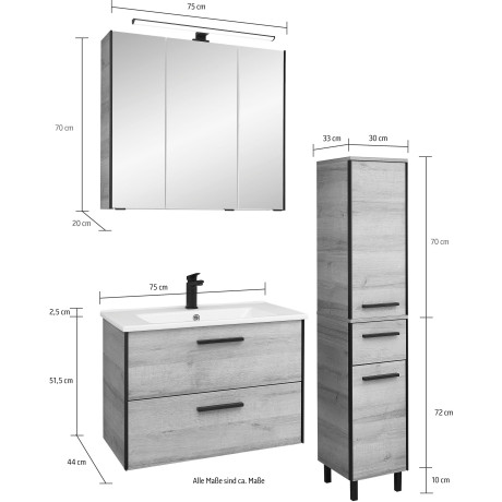 Saphir Badkamerserie Quickset 395 3-delig, keramieken wastafel met led-spiegelkast Halfhoge kast, inclusief deurdemper, 5 deuren, 3 laden, badkameraccessoire-set (5-delig) afbeelding2 - 1