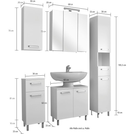 Saphir Badkamerserie Quickset 5-delig, wastafelonderkast met led-spiegelkast Hoge kast, onderkast, hangend kastje, inclusief deurdemper, 8 deuren (5-delig) afbeelding2 - 1