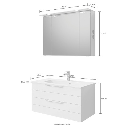 Saphir Badkamerserie Serie 6025 2-delig, mineraalmarmeren wastafel met led-spiegelkast Wastafelmeubel 97 cm breed, 2 laden, 3 spiegeldeuren, incl. deurdemper (2-delig) afbeelding2 - 1