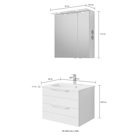 Saphir Badkamerserie Serie 6025 2-delig, mineraalmarmeren wastafel met led-spiegelkast Wastafelmeubel 67 cm breed, 2 laden, 2 spiegeldeuren, incl. deurdemper (2-delig) afbeelding2 - 1