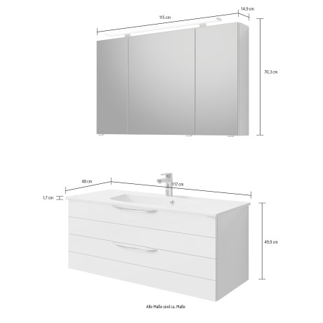 Saphir Badkamerserie Serie 6025 2-delig, mineraalmarmeren wastafel met led-spiegelkast Wastafelmeubel 117 cm breed, 2 laden, 3 spiegeldeuren, incl. deurdemper (2-delig) afbeelding2 - 1