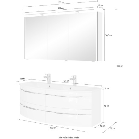 Saphir Badmeubelset Badkamerset 133,2 cm breed, inclusief deurdemper, 3 deuren, 4 laden Serie 7045 2-delig mineraalmarmere dubbele wastafel, LED-spiegelkast (set, 2 stuks) afbeelding2 - 1