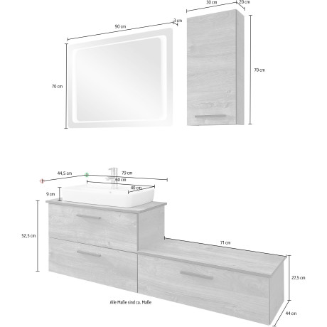 Saphir Badmeubelset Quickset 374 4-delig, keramieken opzetwasbak en led-spiegel (set, 4 stuks) afbeelding2 - 1