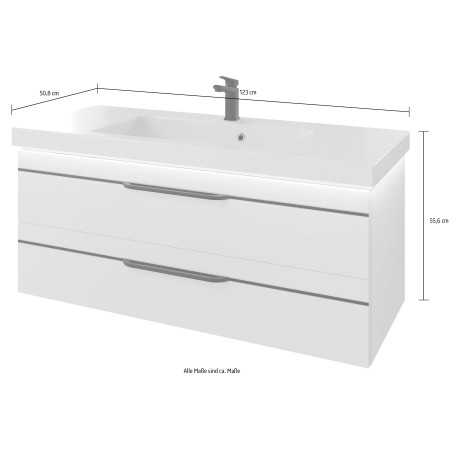 Saphir Wastafelonderkast Serie Balto mineraalmarmeren wastafel met onderkast, 123 cm breed Wastafelmeubel met 2 laden, badkamerkast in verschillende uitvoeringen (2-delig) afbeelding2 - 1