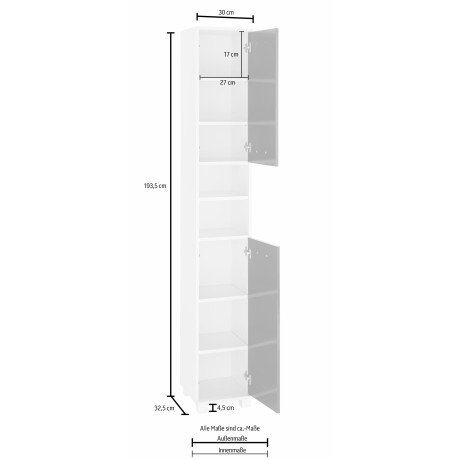 Schildmeyer Hoge kast Colli Hoogte 193,7 cm, badkamerkast met metalen handgrepen, legplanken afbeelding2 - 1