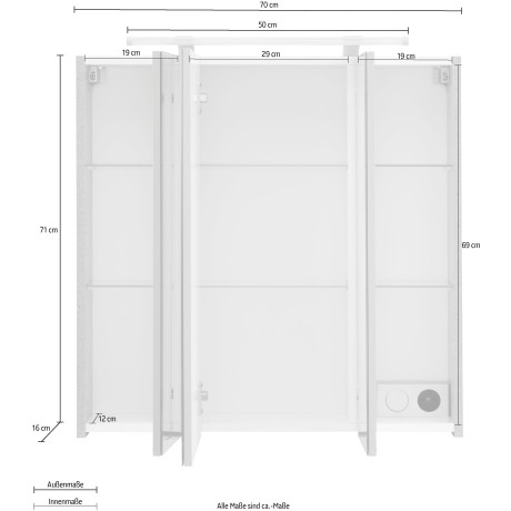 Schildmeyer Spiegelkast Dorina Breedte 70 cm, 3-deurs, ledverlichting, schakelaar-/stekkerdoos afbeelding2 - 1