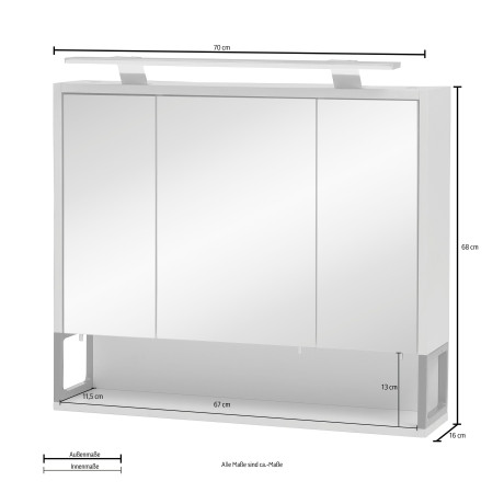 Schildmeyer Spiegelkast Limoen Breedte 70 cm, 3-deurs, ledverlichting, schakelaar-/stekkerdoos afbeelding2 - 1