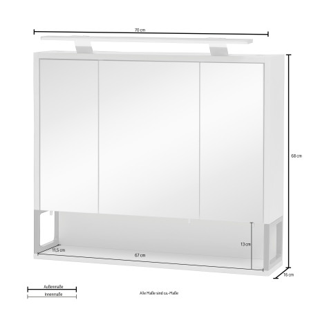 Schildmeyer Spiegelkast Limoen Breedte 70 cm, 3-deurs, ledverlichting, schakelaar-/stekkerdoos afbeelding2 - 1