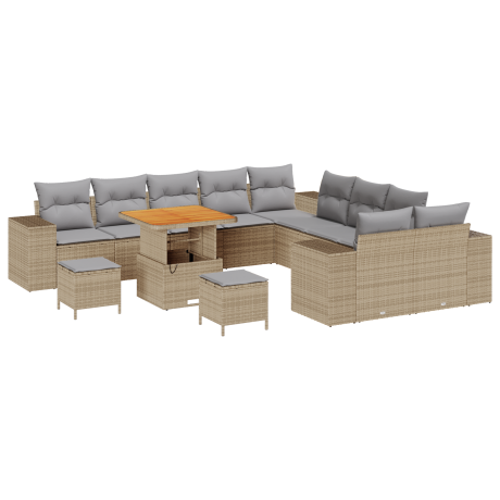 vidaXL 13-delige tuinset met kussens in beige van poly rattan en acacia afbeelding2 - 1