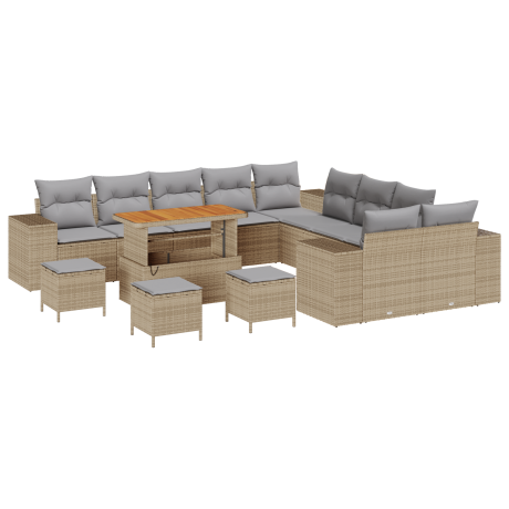 vidaXL 14-delige tuinset met kussens in beige poly rattan en acacia afbeelding2 - 1
