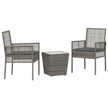 vidaXL 3-delige Bistroset voor de tuin met kussens - Grijs Poly Rattan afbeelding2 - 1