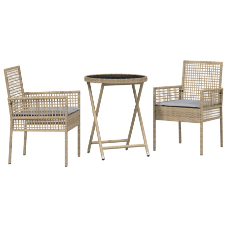 vidaXL 3-delige bistroset voor in de tuin met kussens - Beige Poly Rattan afbeelding2 - 1