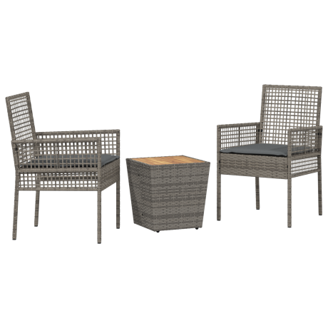 vidaXL 3-delige Bistroset voor in de tuin met kussens - Grijs Poly Rattan afbeelding2 - 1