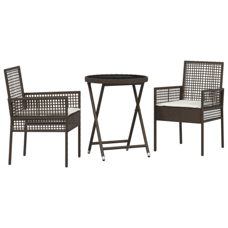 vidaXL 3-delige bistroset voor in de tuin met kussens in bruin poly rattan afbeelding2 - 1