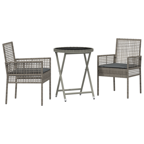 vidaXL 3-delige Tuin Bistro Set met Kussens in Grijs Poly Rattan afbeelding2 - 1
