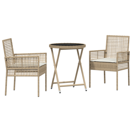 vidaXL 3-delige tuin bistroset met kussens in beige poly rattan afbeelding2 - 1