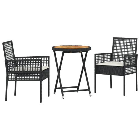 vidaXL 3-delige Tuinbistroset met kussens poly rattan zwart afbeelding2 - 1