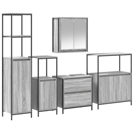 vidaXL Badkamermeubelset met plank met opslag 5 pcs Grijs Bewerkt hout afbeelding2 - 1