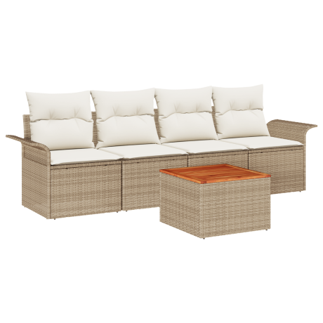 vidaXL 5-delige Tuinset met Kussens in Beige van Poly Rattan en Acacia afbeelding2 - 1